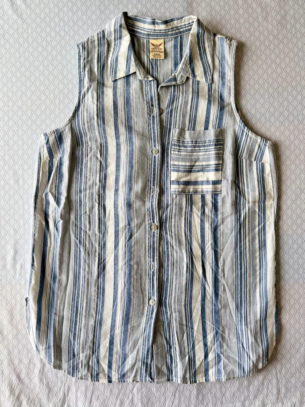 Faded Glory Blue and White Striped Sleeveless Button-Down Shirt